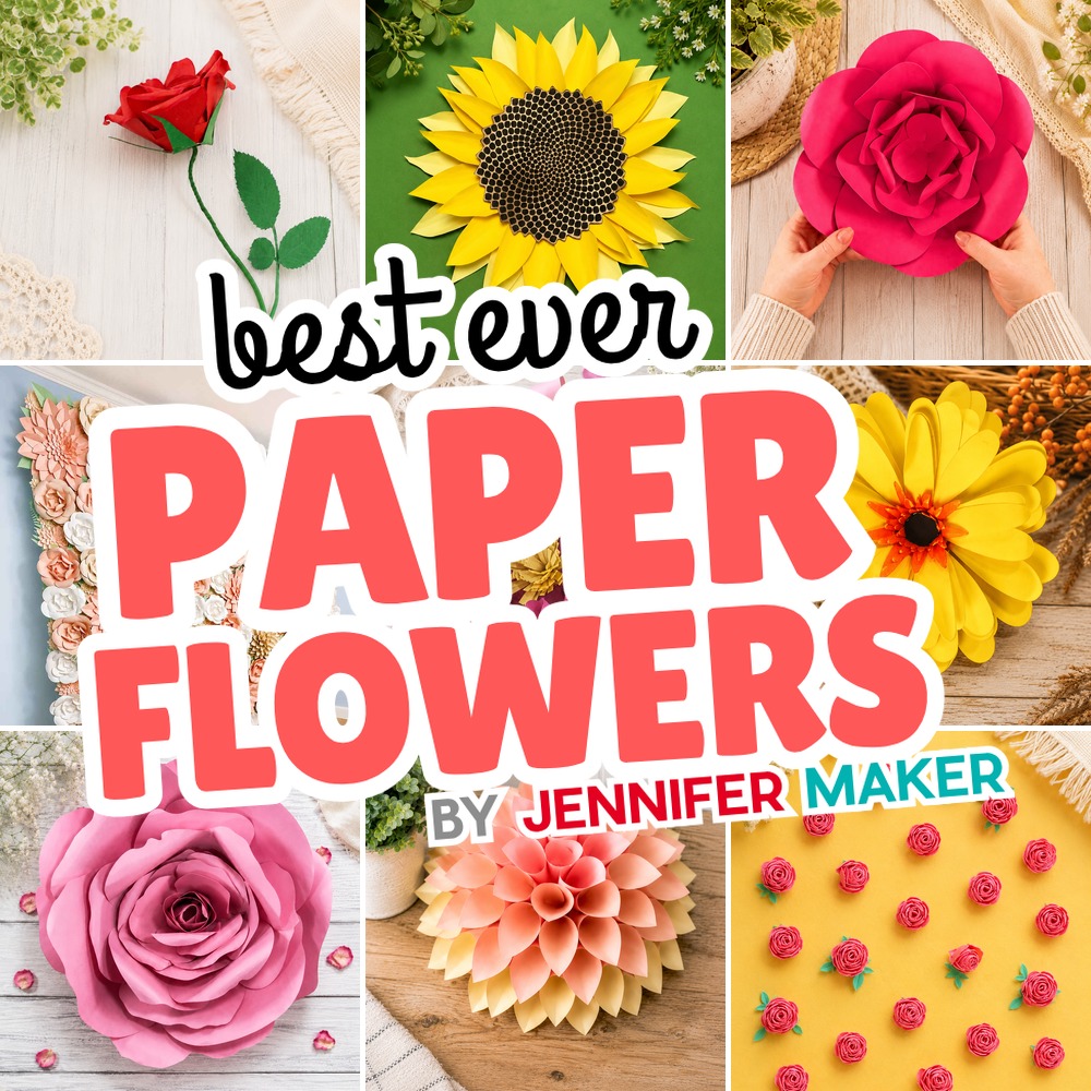A collage of the best paper flowers to make, including a paper rose, sunflower, dahlia, hydrangea, and more.