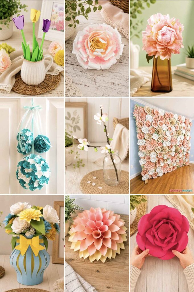 Nine beautiful paper flowers styled in various home settings